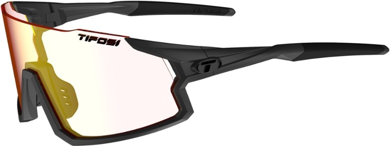 Side profile view of Tifosi Stash Airflex cycling sunglasses showing photochromic red lenses and flexible nose pads