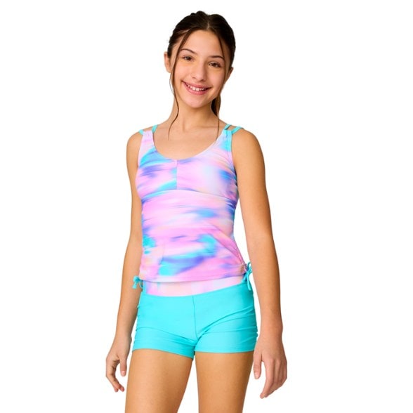 Front view of the eco-friendly girls swimsuit set with adjustable straps