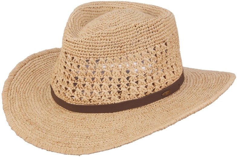 Close-up of men's raffia outback hat with leather band and wide brim