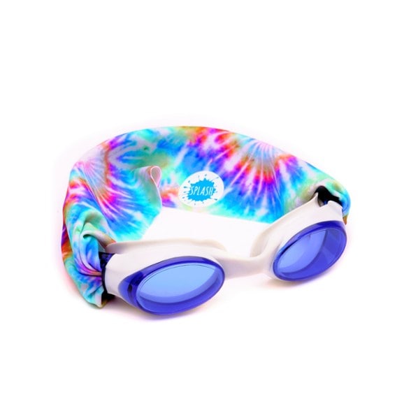 Front view of SplashFlex kids goggles showing stretchy band and anti-fog lenses