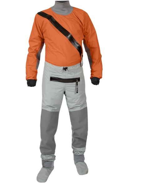 Side angle of dry suit showing adjustable neoprene wrist over-cuffs in action – ideal for paddling gear.