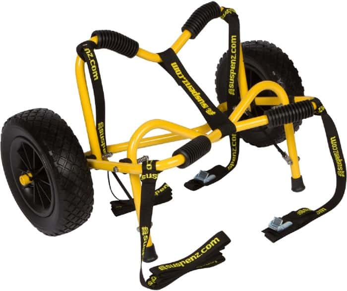 Side view of the kayak cart with adjustable straps for securing your boat.
