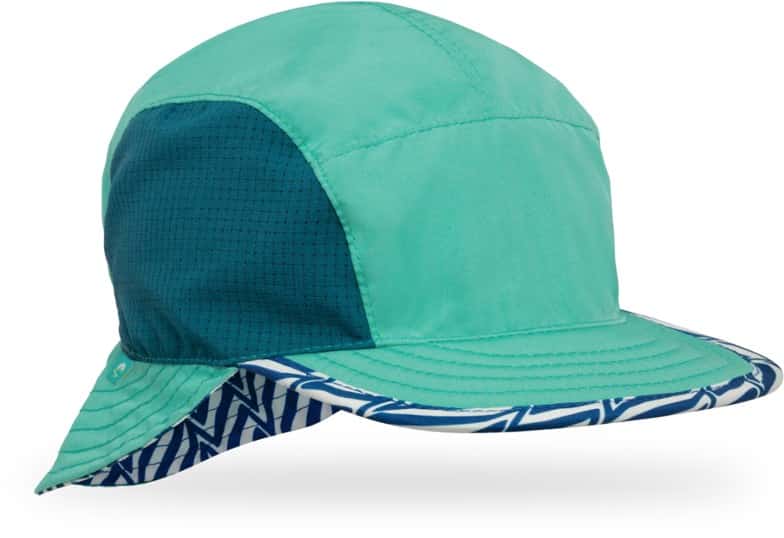 Reversible infant sun hat showing both colors with mini cape for extra sun protection.