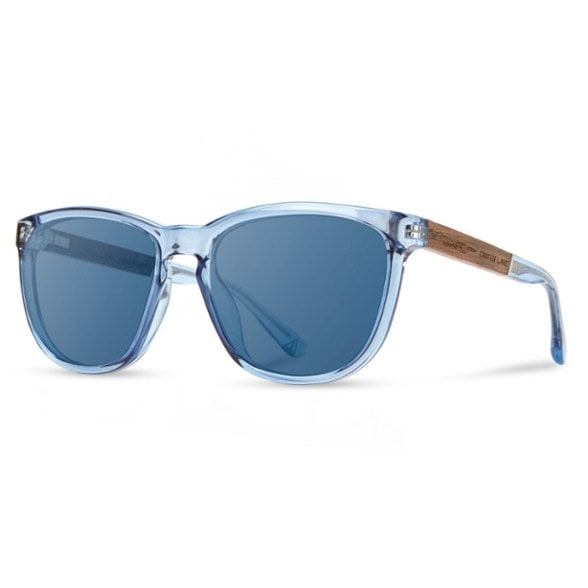 Close-up of Arrowcrest Crater Lake polarized sunglasses showing polarized lenses and wood accents