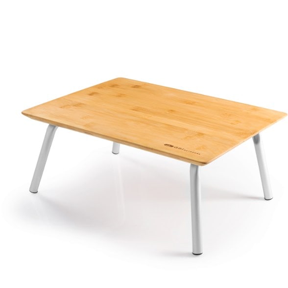 Close-up of bamboo tabletop with foldable legs for camping