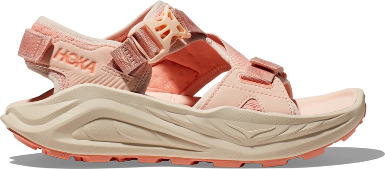 Hoka women's hiking sandals with arch support, featuring adjustable straps and deep heel cups.