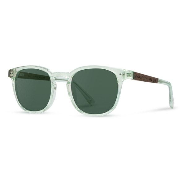 Side view of Grand Teton Polarized Sunglasses highlighting the stainless-steel hinges and wood accents.