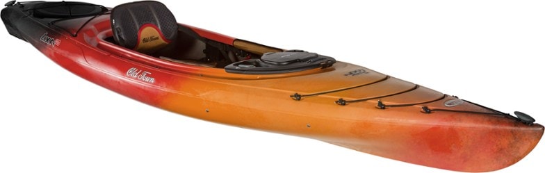 Old Town Loon 120 kayak on calm water, showcasing its stable design and spacious cockpit