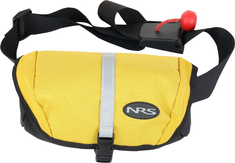 Close-up of StreamMate kayak towing system secured around waist, showing quick-release buckle
