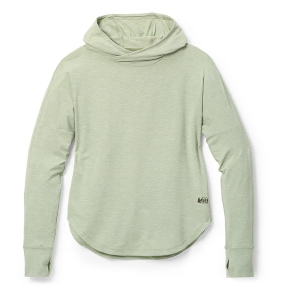 Front view of women's hiking hoodie showing the slim-fit, hooded design with sun protection shirt features