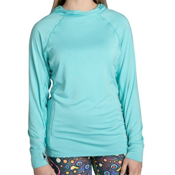 Front view of BambooShield women's sun shirt showing hood and thumbholes for full sun protection