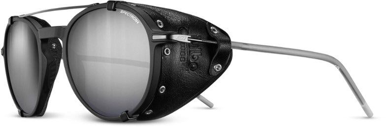 Side angle of glacier sunglasses showcasing leather shields and adjustable temples