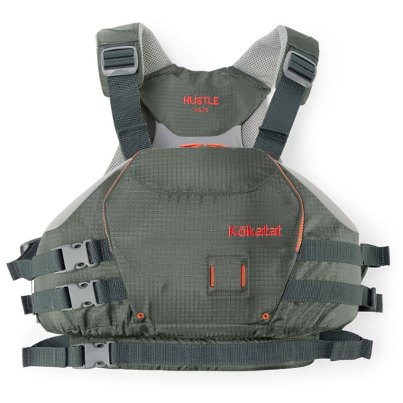 Kokatat AquaPro PFD being worn while kayaking, showcasing its adjustable shoulder straps