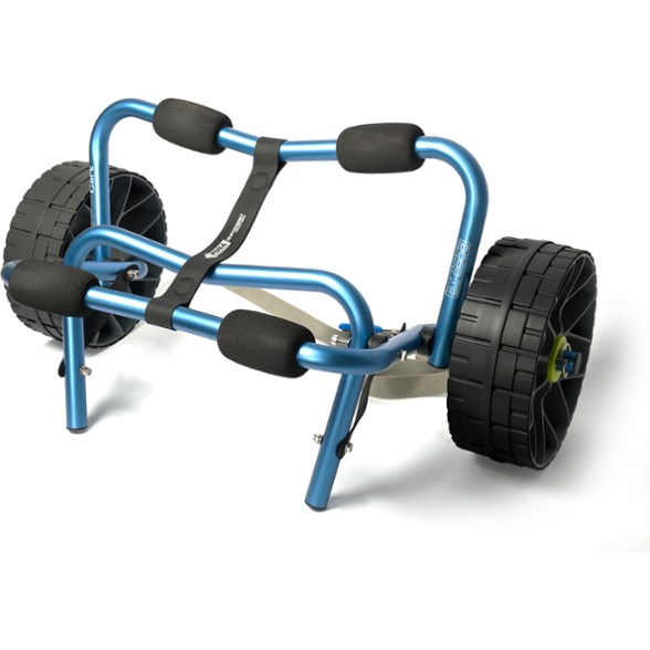 Close-up of the durable canoe cart's oversized alloy tubing and puncture-proof wheels