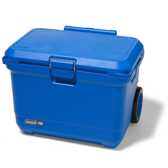 Side view of the Everchill Trekker 55-Quart Wheeled Hard Cooler, showcasing its rugged wheels and extended handle for easy transport.