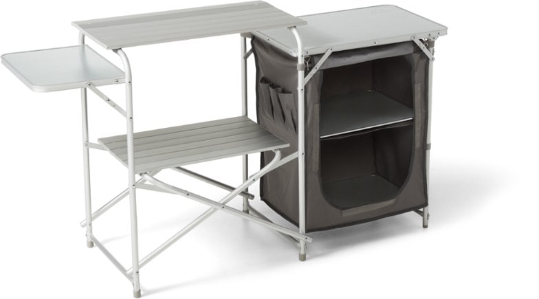Front angle of SummitChef Pro Camp Kitchen Station showing dual table layout and aluminum frame