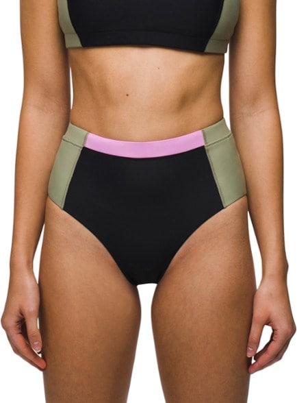 Front view of high-waisted bikini bottoms designed for active women, showcasing color-blocked fabric.