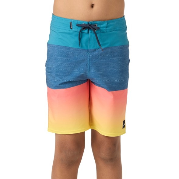 Front view of EcoFreak Surge ZipBoard shorts showing tunnel drawcord and zip pocket
