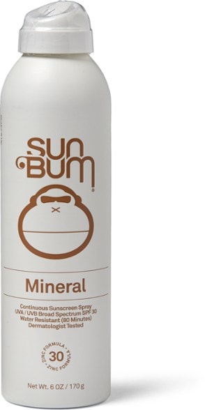 Front view of PureShield mineral sunscreen spray SPF 30 bottle on beach towel