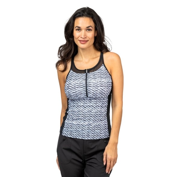 Front view of a woman wearing the Horizon Active Zip-Front Racerback Swim Top in black, showcasing the mesh inset and supportive fit, ideal for active women.