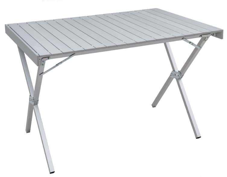 Folded lightweight aluminum camping table in a backyard setting