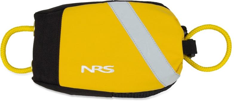 A bright yellow Sentinel Floating Rescue Throw Bag with its rope coiled, displayed ready for immediate deployment on a boat deck.