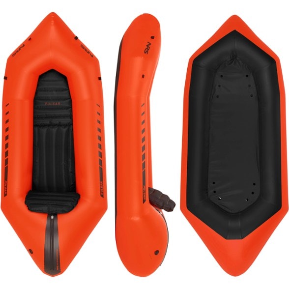 Side profile view of PulsarTrail™ packraft on rocky shore, showcasing inflatable seat and streamlined hull.