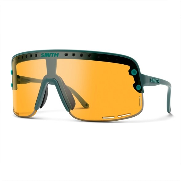 Side view of Smith Ultralite ChromaPop sunglasses highlighting ventilation holes and retro shield curvature