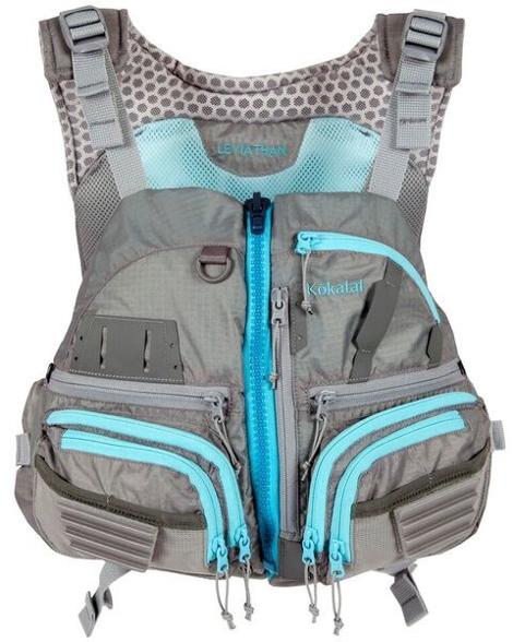 Front view of kayak PFD showing zippered fishing vest pockets and mesh back