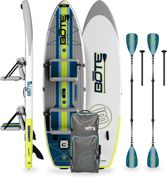 Aero Glide tandem inflatable paddle board on calm water with two paddlers