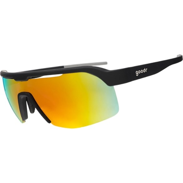 Front view of the sport sunglasses showing mirrored orange shield lens and half-rim frame