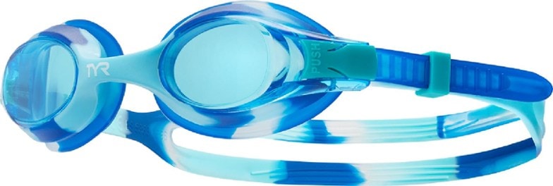 Close-up of vibrant tie-dye swim goggles showing adjustable feature and UV protection.