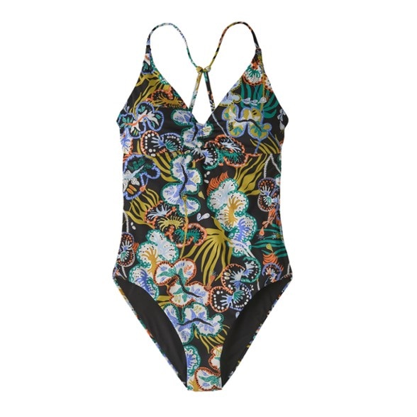 Patagonia Cross Shore One-Piece Swimsuit in Coral color, showcasing deep V-neck and adjustable straps.