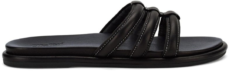 Close-up of OluKai Tiare women's leather slide sandals highlighting the smooth texture of the straps.