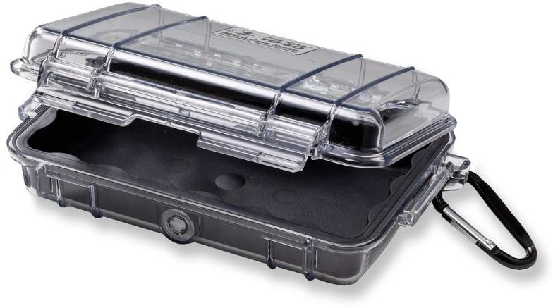 Pelican Secure Mini Case with carabiner attachment positioned on a backpack