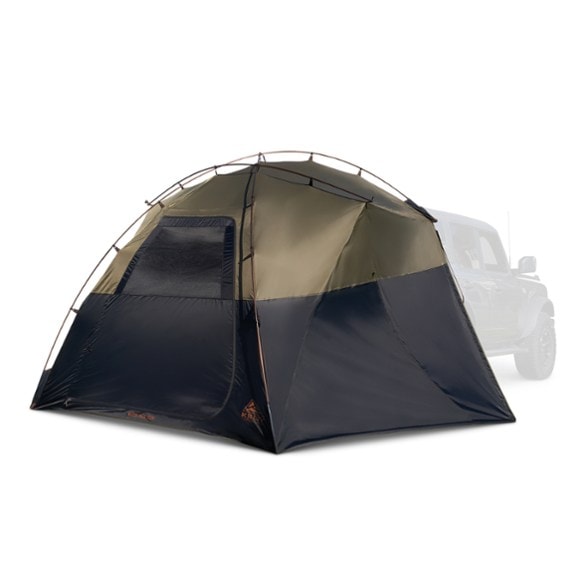 Kelty Highroads Vehicle Canopy Shelter set up at a campsite, showcasing its spacious interior and weather-resistant fabric.