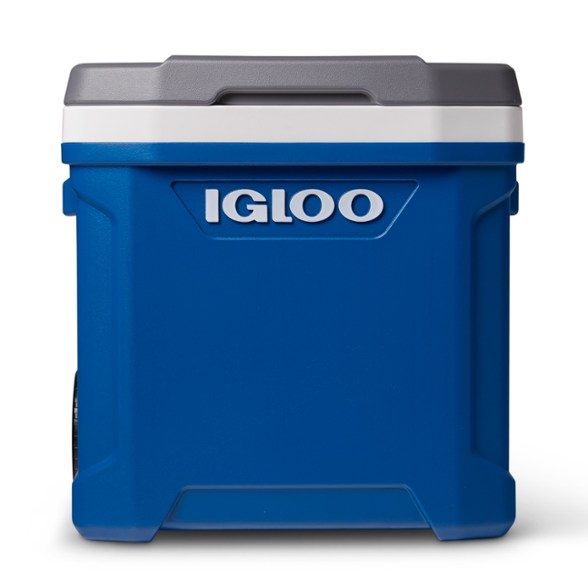 Side view of Latitude 60 quart outdoor cooler showcasing large wheels and cup holders.