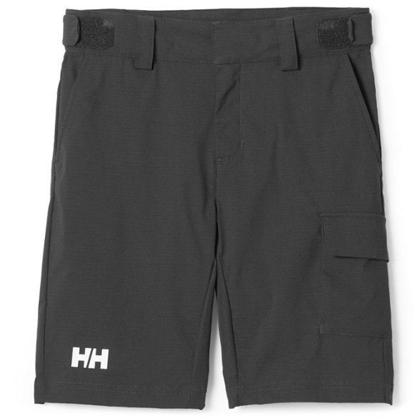 Front view of kids wearing quick dry shorts while hiking in forest trails