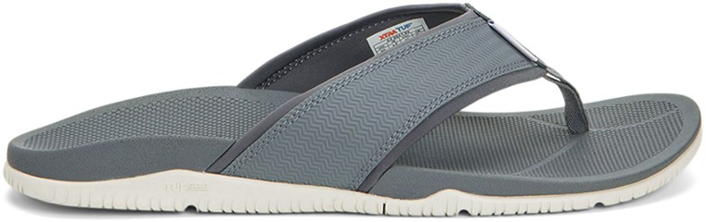 Close-up of men's slip resistant flip flops with textured rubber soles for water sports
