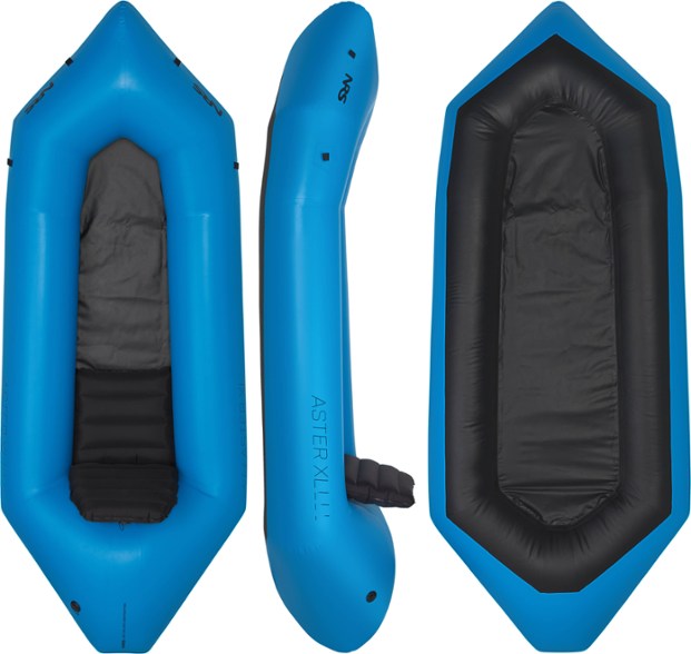 Aster XL packraft inflated on tranquil lake, close-up of durable nylon material