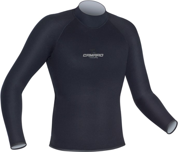 Front view of Camaro Titanium wetsuit top for cold water watersports with seamless design