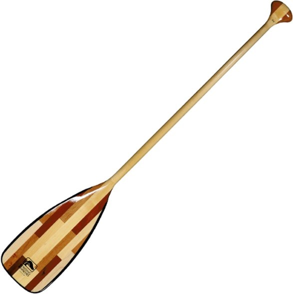 Handcrafted wooden canoe paddle with patchwork blade and palm grip for flatwater paddling