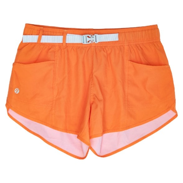 Front angle view of women's hybrid shorts with buckle waist for versatile outdoor wear