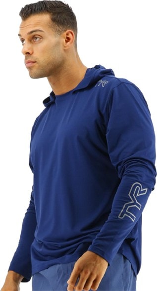 Close-up of men's hooded UV protection shirt highlighting fabric and hood design