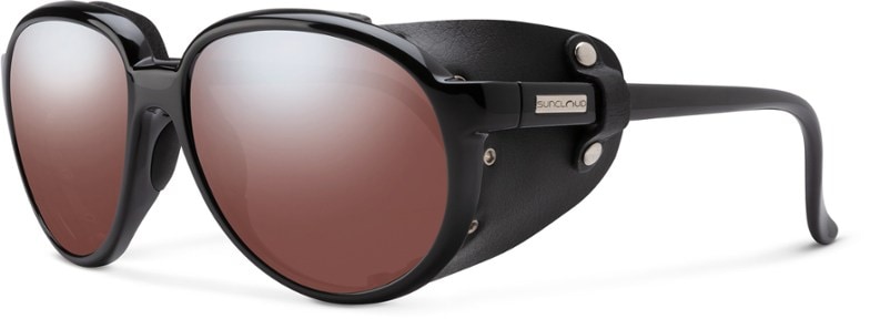 Glacier Polarized Sunglasses worn during a hike, showcasing side shields and pink lenses