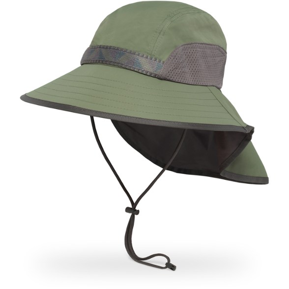 Close-up of the adventure hat's wide brim and UPF 50 sun protection fabric