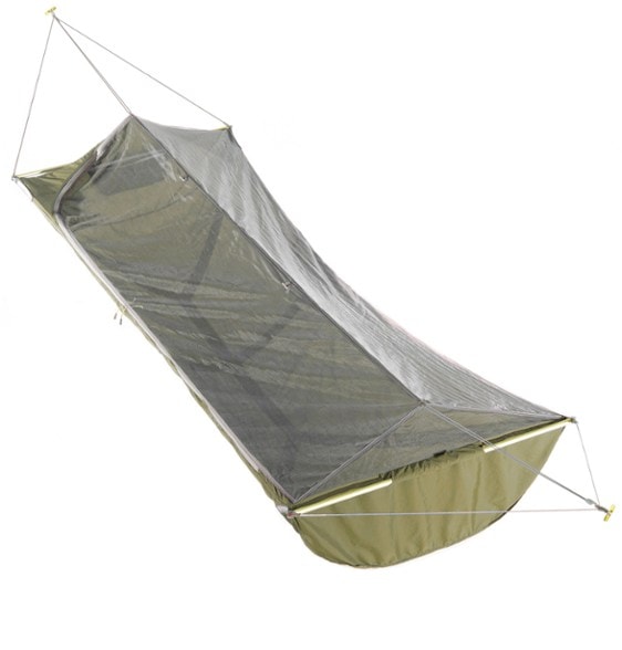 ENO SkyLite Hammock suspended between trees with bug net deployed