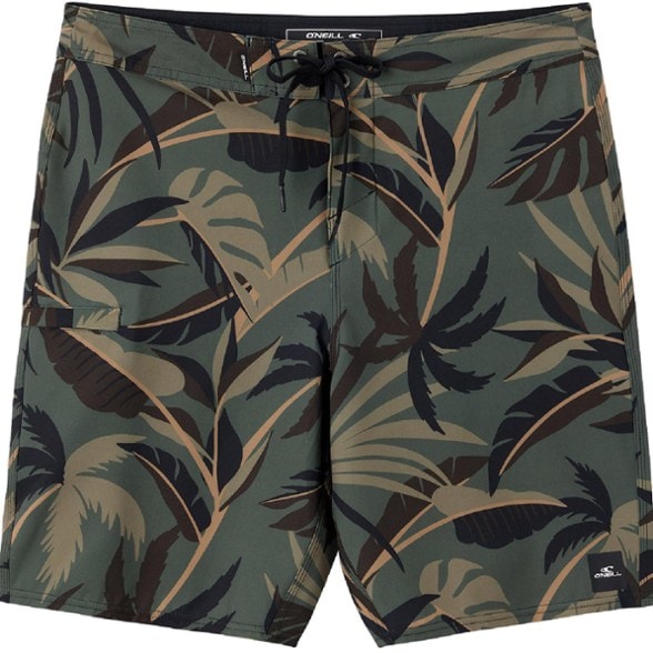Front view of O'Neill Hyperfreak Heat Tropical Camo 20 inch men's board shorts in action on the beach