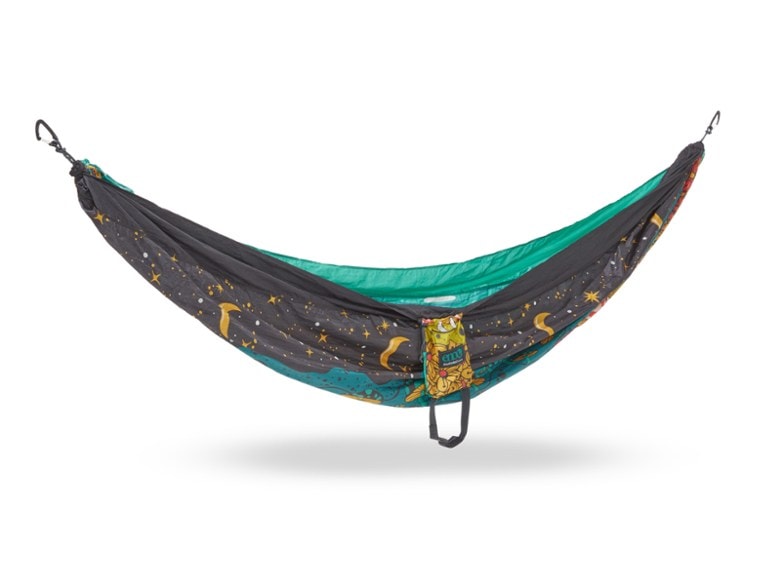 Side view of the ENO DoubleNest hammock highlighting its vibrant colors and spacious design.