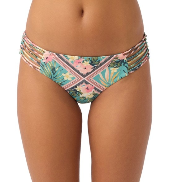 Close-up of colorful knotted side bikini bottoms showing tile print details